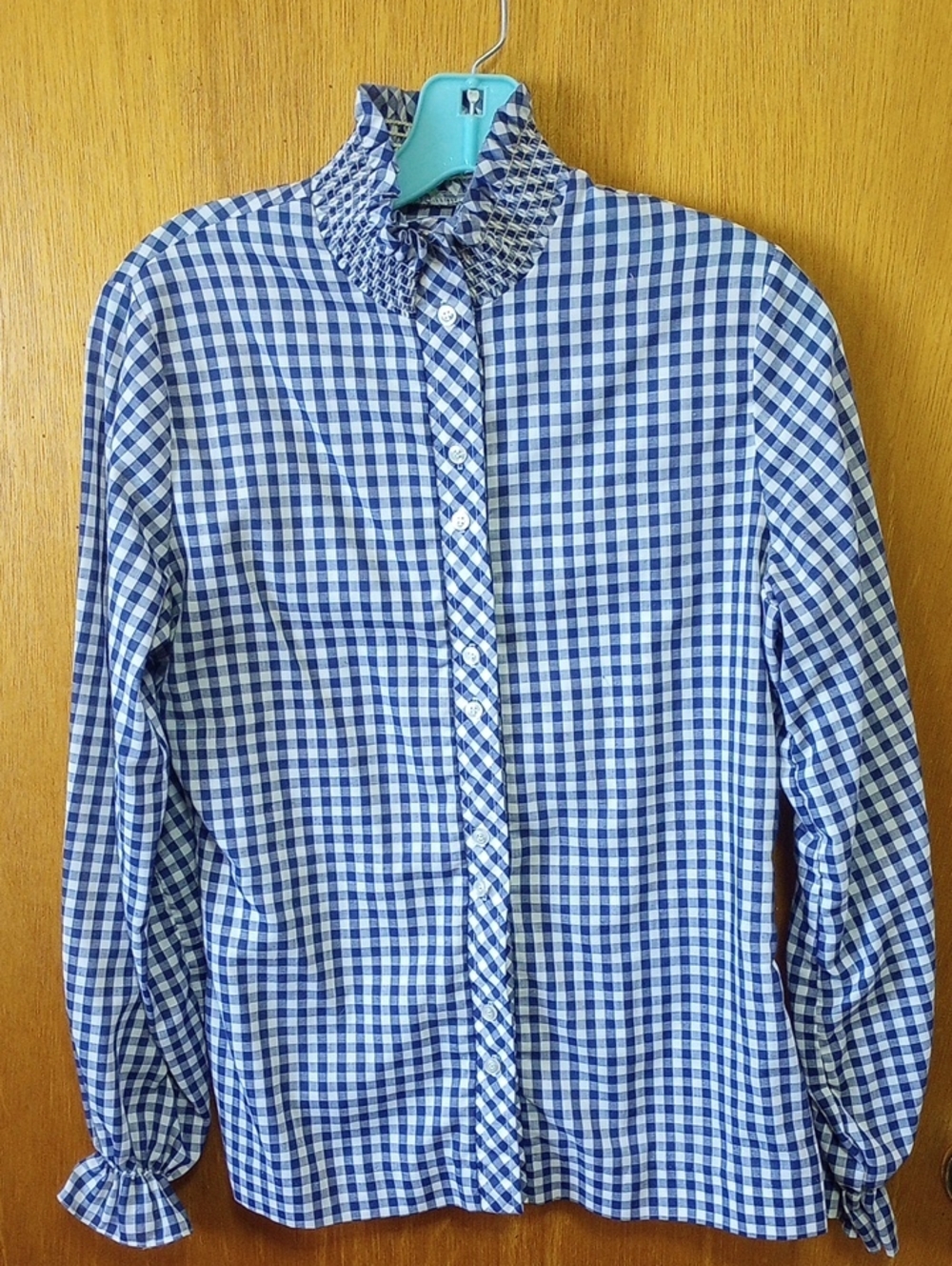 Vintage Cotton Gingham Check Button Down Navy Blue & White Blouse, Medium?